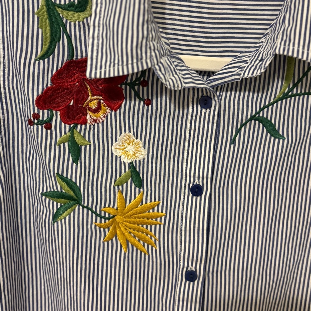 Vintage Embroidered Blue & White Striped Button-Down Shirt - Picture 2 of 6